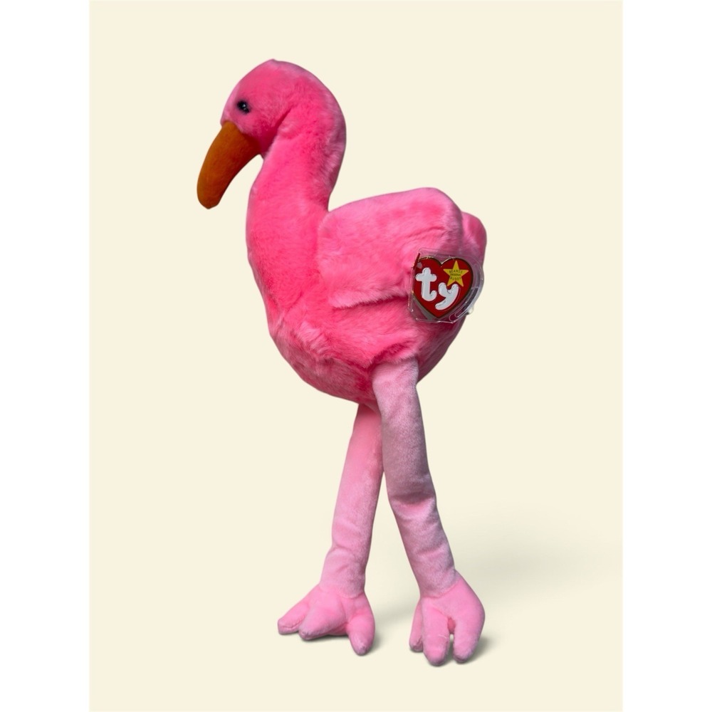 Ty Beanie Baby Bright Pink Flamingo Plush with Orange Beak